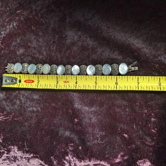 Vintage Sterling Abalone and Marcasite Link Bracelet, Mexican, Smooth, Heavy - Picture 9 of 13